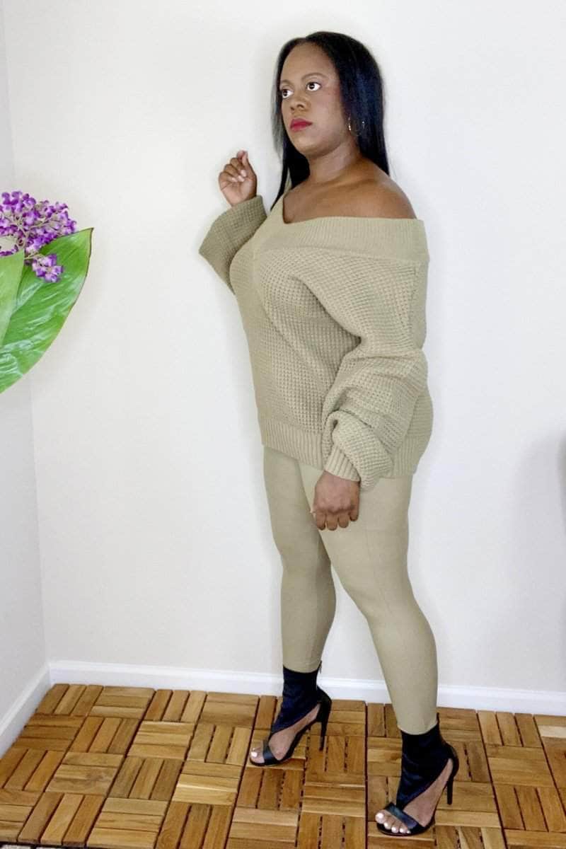 lee monet Olivia Balloon Sleeve Wide Double V-Neck  Sweater Set (Khaki)