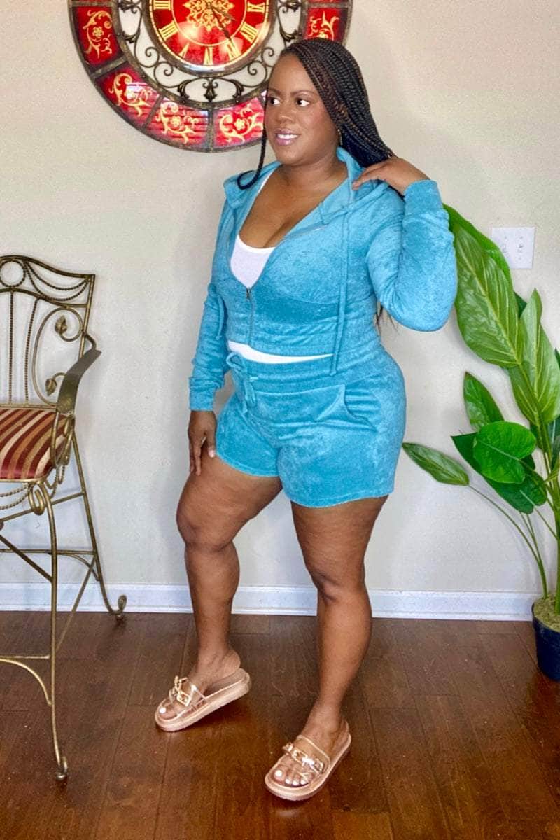 lee monet Outfit Sets Chill Vibes Cropped Hoodie Shorts Set (Dusty Teal)