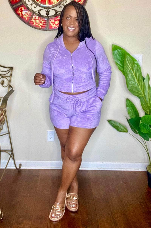 lee monet Outfit Sets Chill Vibes Cropped Hoodie Shorts Set (Lavender)