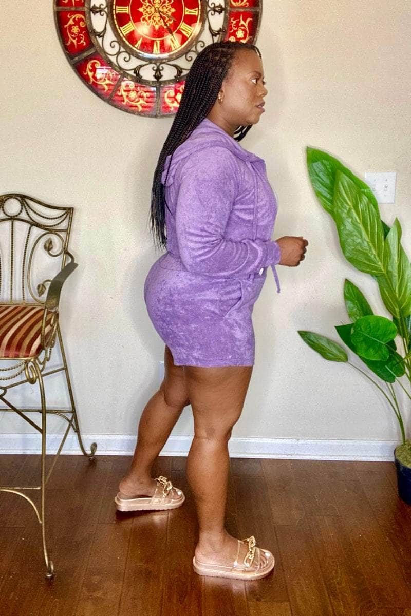 lee monet Outfit Sets Chill Vibes Cropped Hoodie Shorts Set (Lilac Grey)