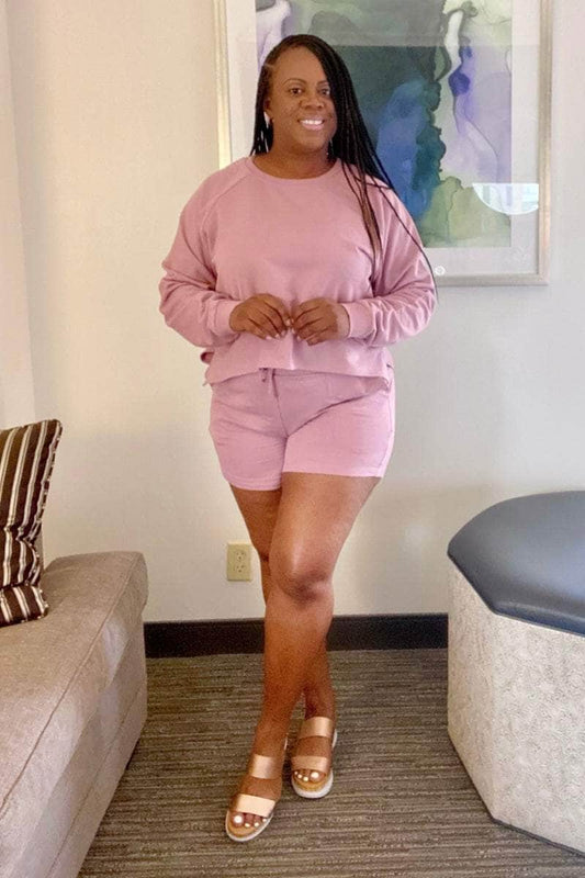 lee monet Outfit Sets Keep It Cozy Raglan Sleeve Shorts Set (LT Rose)