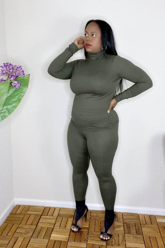 lee monet Outfit Sets Lara Mock Neck Legging Set (Dark Olive)