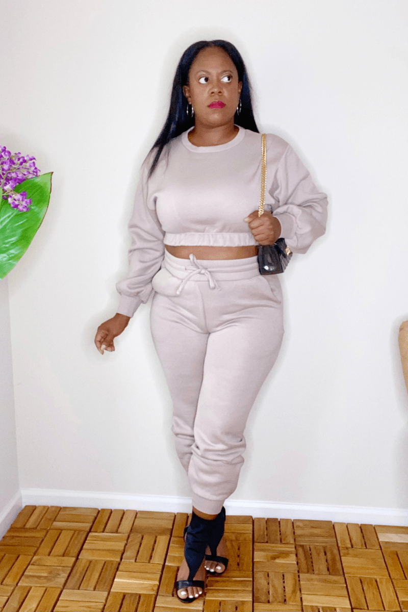 lee monet Outfit Sets Something Slight Cropped Pullover Jogger Set (Ash Mocha)
