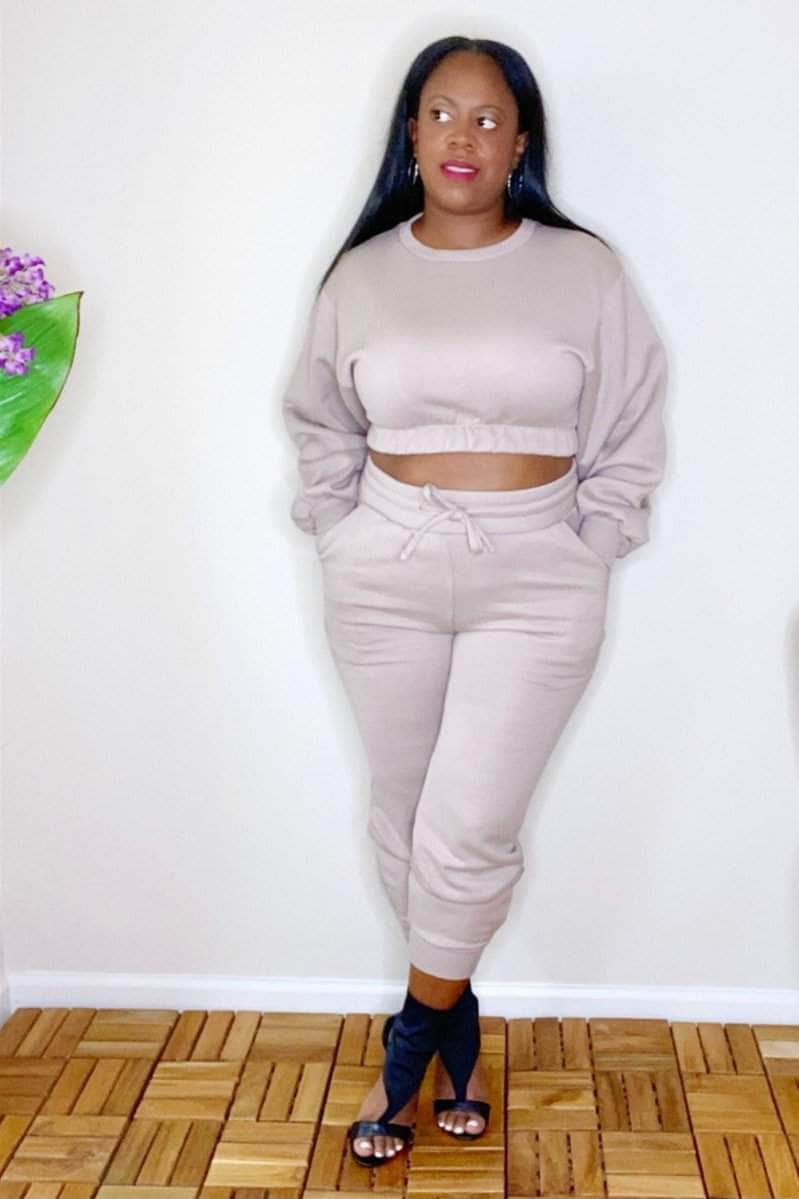 lee monet Outfit Sets Something Slight Cropped Pullover Jogger Set (Ash Mocha)