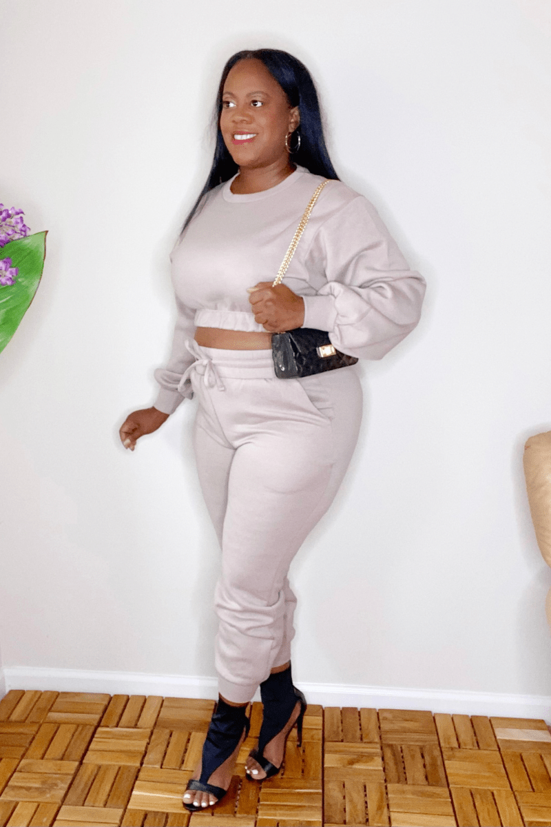 lee monet Outfit Sets Something Slight Cropped Pullover Jogger Set (Ash Mocha)