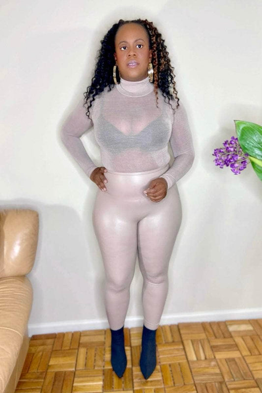 lee monet Pants Megan High Waist Faux Leather Leggings (Ash Mocha)