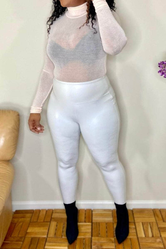 lee monet Pants Megan High Waist Faux Leather Leggings (Bone)