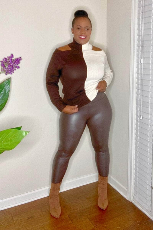 lee monet Pants Megan High Waist Faux Leather Leggings (Chocolate)