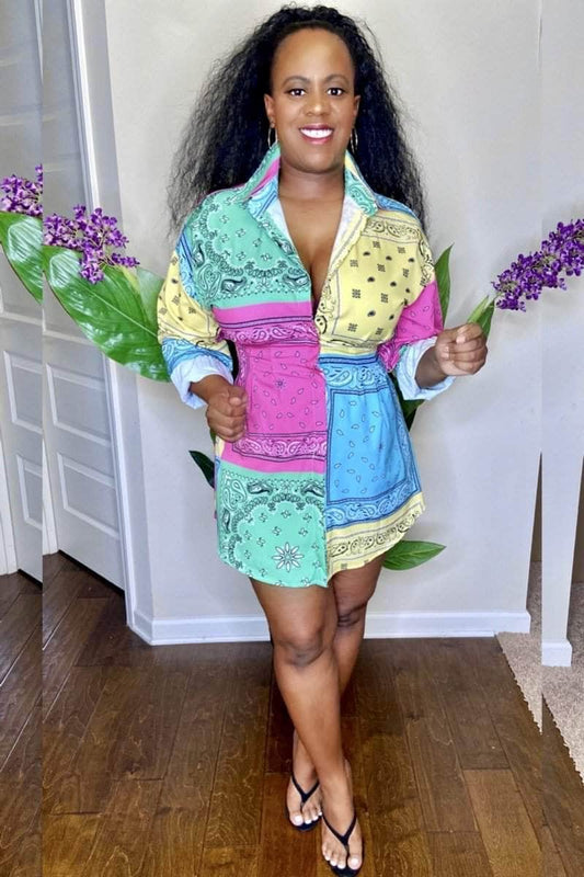 lee monet Pretty Girl Gang Bandana Print Shirt Dress- Final Sale
