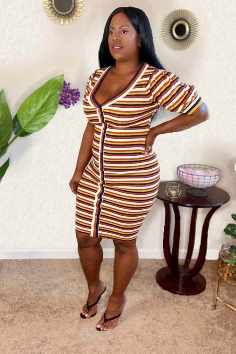 lee monet Puff Sleeve Striped Knit Dress