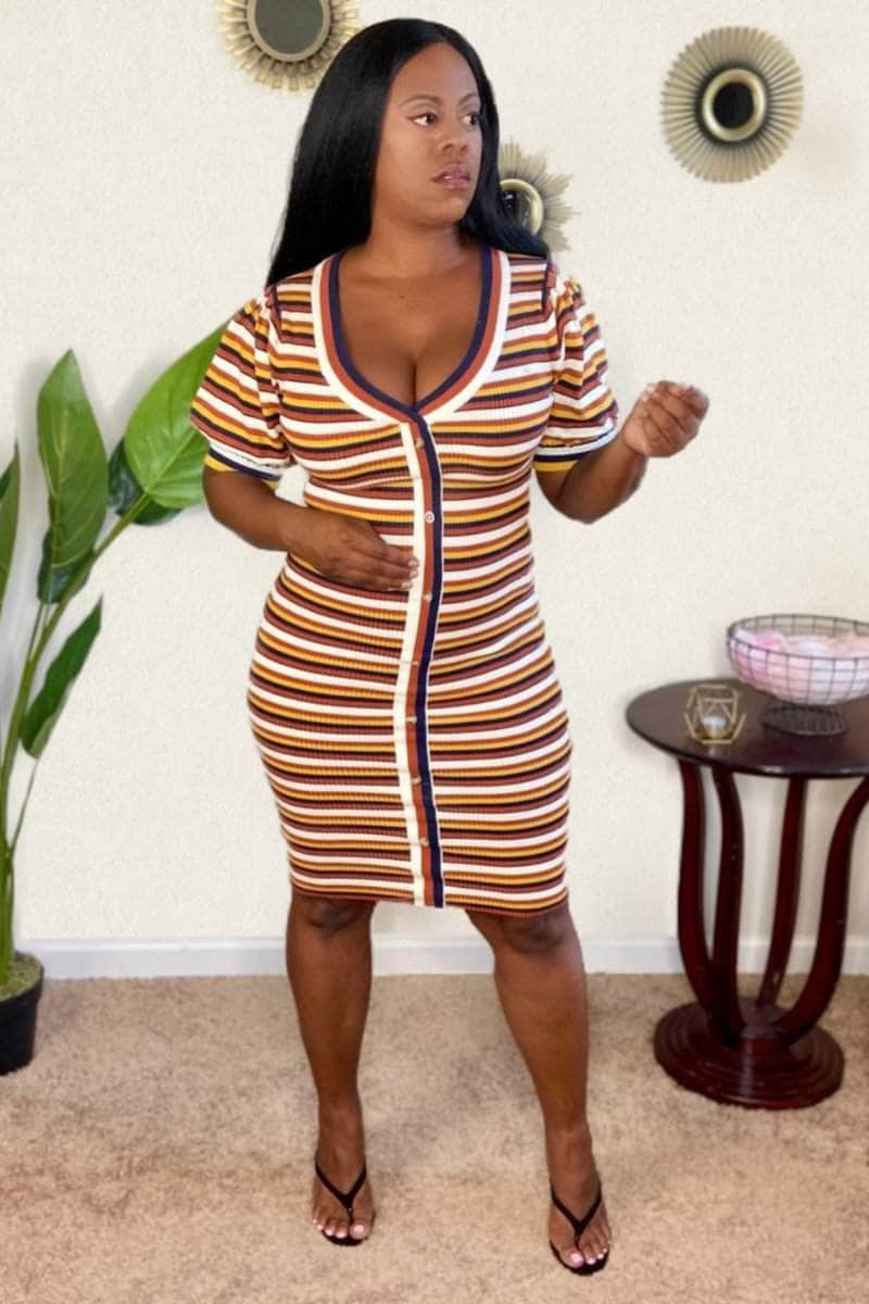 lee monet Puff Sleeve Striped Knit Dress