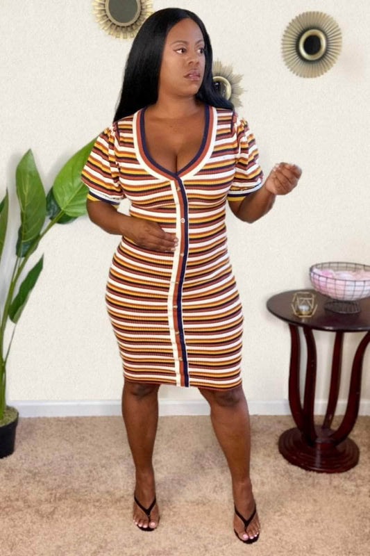 lee monet Puff Sleeve Striped Knit Dress