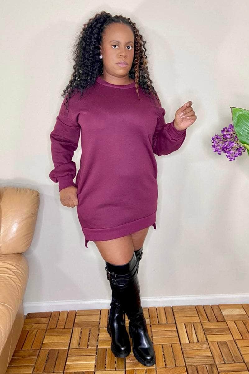Relax Babe Hi-Low Hem Sweatshirt Dress (Dk Burgundy)-Final Sale lee monet Relax Babe Hi-Low Hem Sweatshirt Dress (Dk Burgundy)-Final Sale lee monet