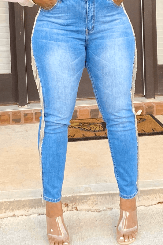 lee monet Shimmy Ya High Waist Fringe Jeans