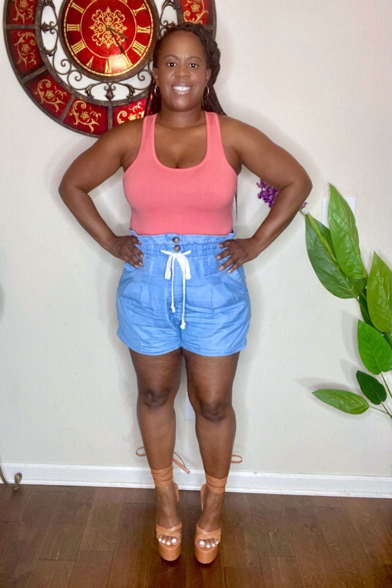 lee monet Shorts Chambray Denim Paperbag Shorts (Sky)