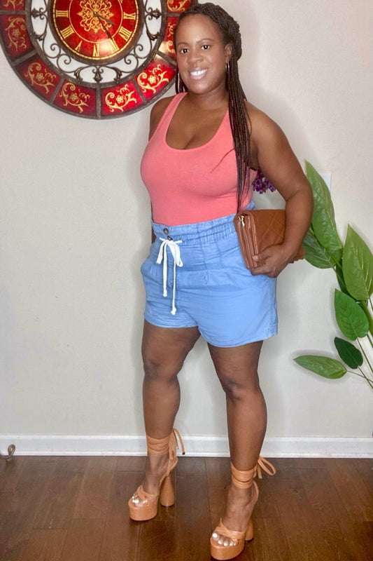 lee monet Shorts Chambray Denim Paperbag Shorts (Sky)