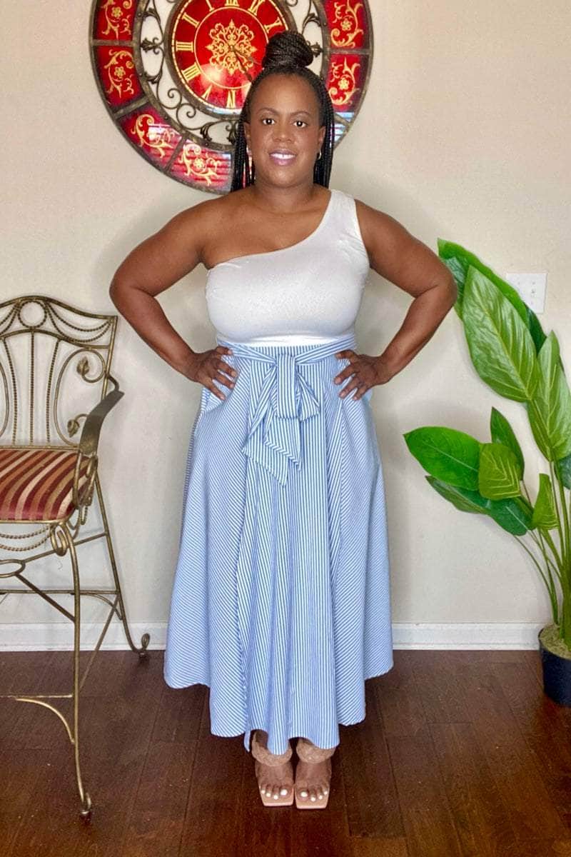 Top Tier One Shoulder Striped Skirt Dress (White/Blue)- Final Sale lee monet Top Tier One Shoulder Striped Skirt Dress (White/Blue)- Final Sale lee monet