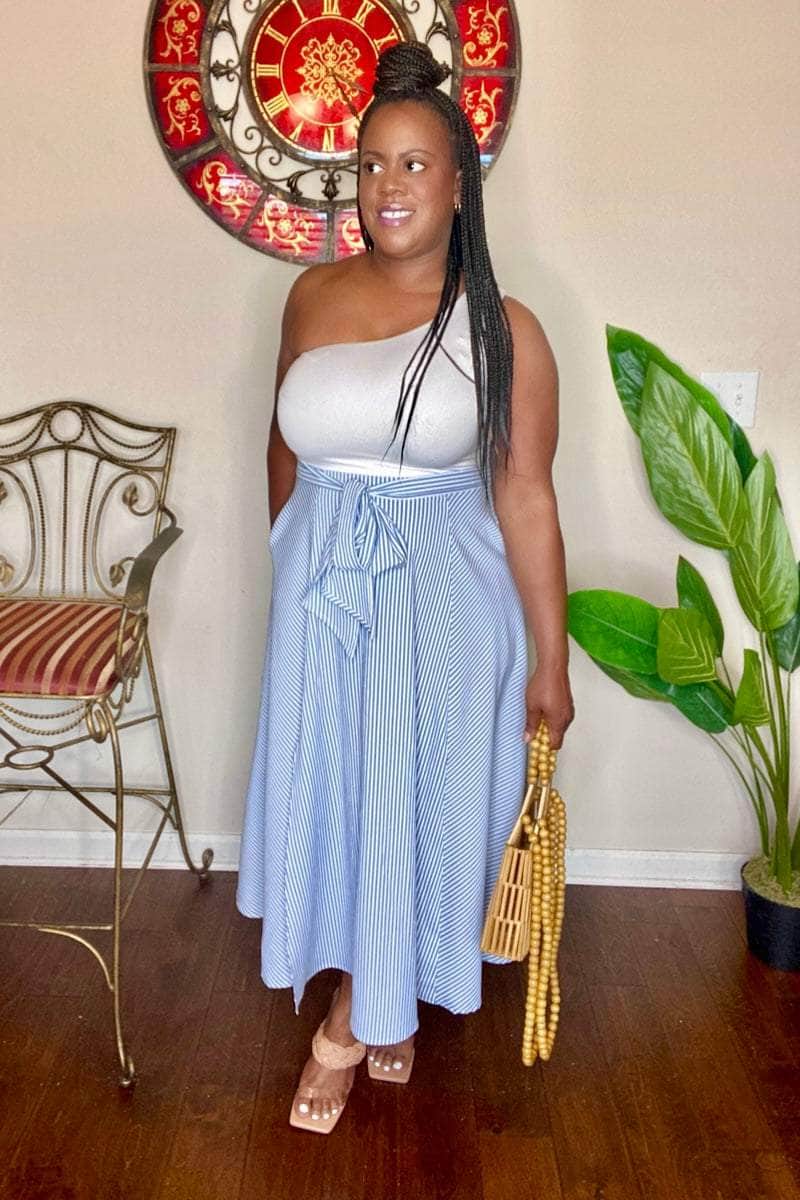 lee monet Top Tier One Shoulder Striped Skirt Dress (White/Blue)