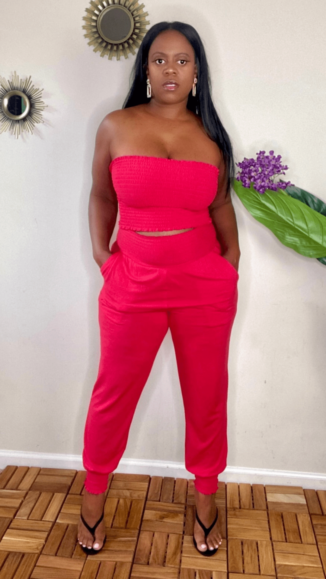 lee monet Trend Setter Smocked Tube Top Jogger Set (Ruby)