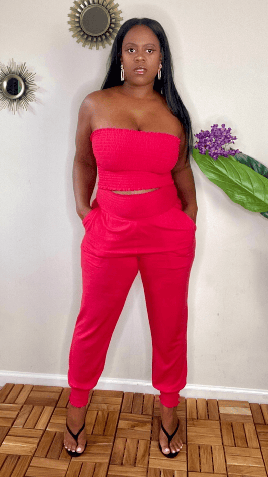 lee monet Trend Setter Smocked Tube Top Jogger Set (Ruby)