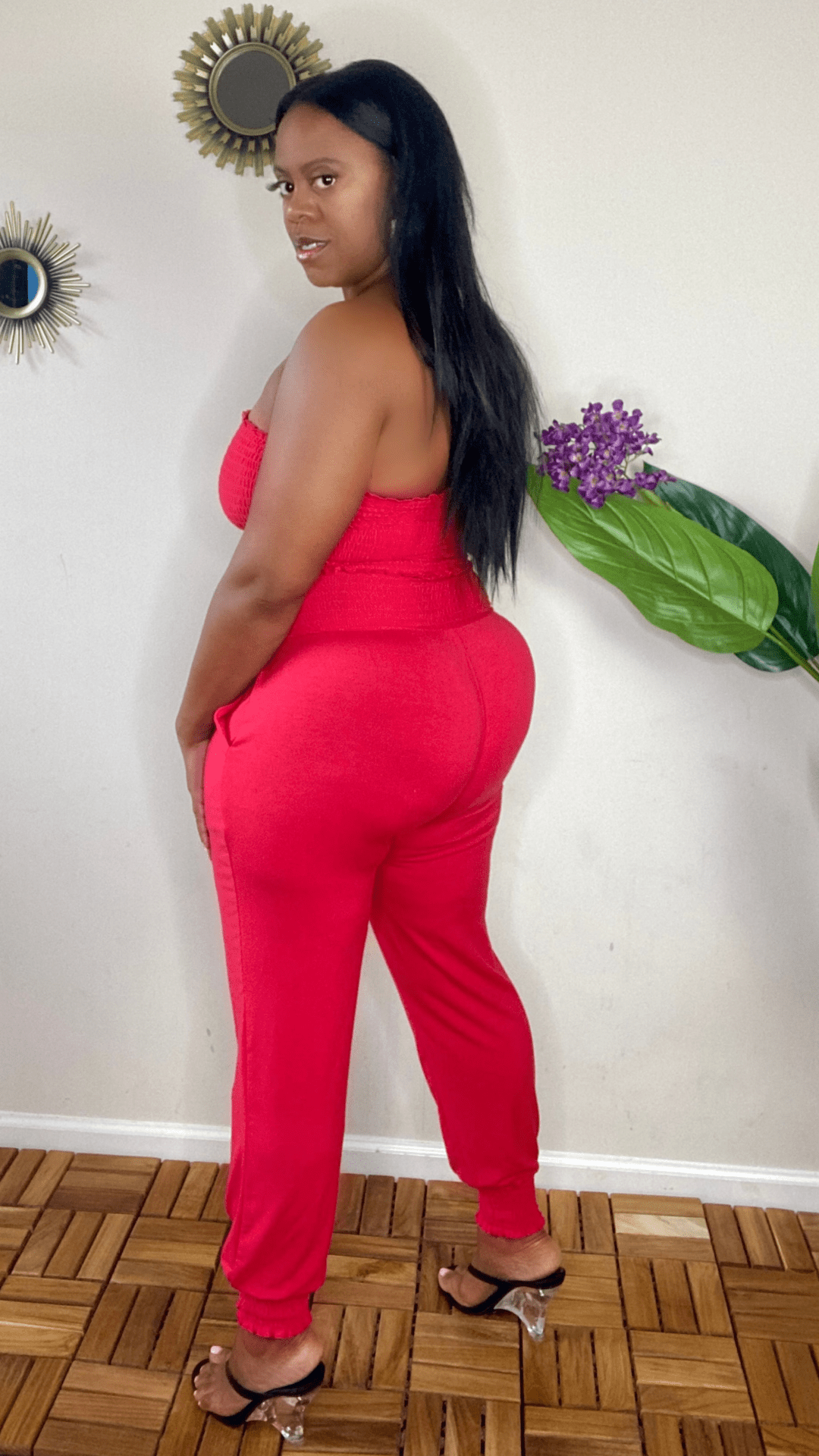 lee monet Trend Setter Smocked Tube Top Jogger Set (Ruby)