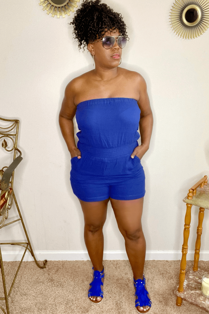 lee monet Tube Top Pocket Romper- Blue