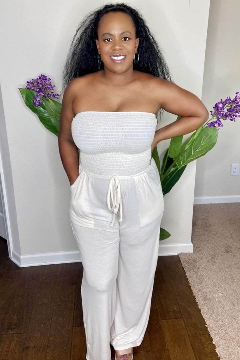 lee monet Vacay Me Please Smocked Tube Jumpsuit- Cream