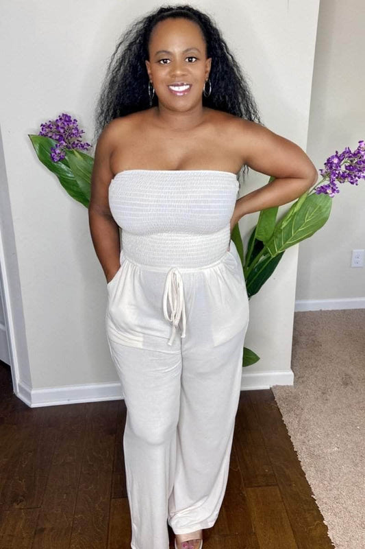 lee monet Vacay Me Please Smocked Tube Jumpsuit- Cream