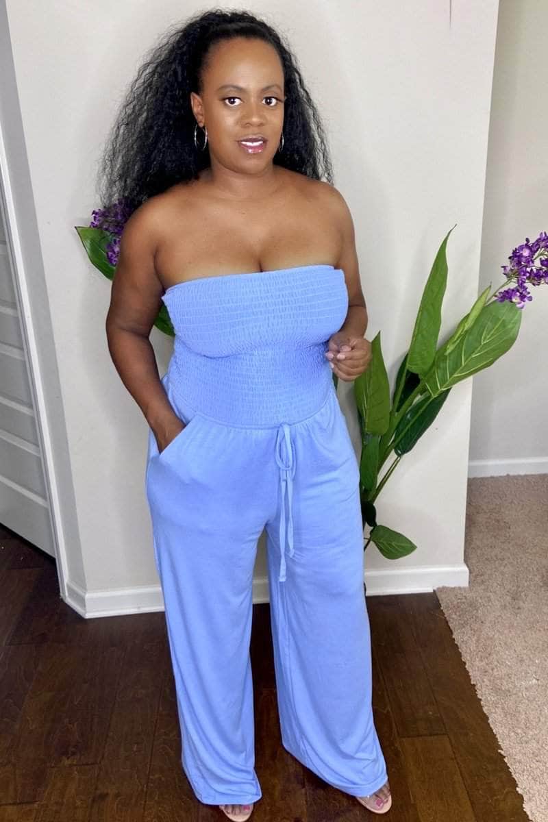 lee monet Vacay Me Please Smocked Tube Jumpsuit- Spring Blue