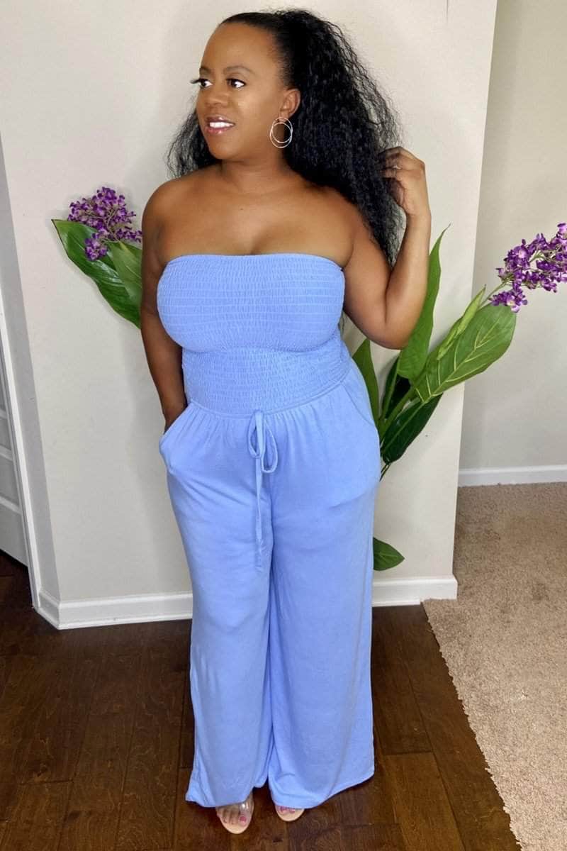 lee monet Vacay Me Please Smocked Tube Jumpsuit- Spring Blue
