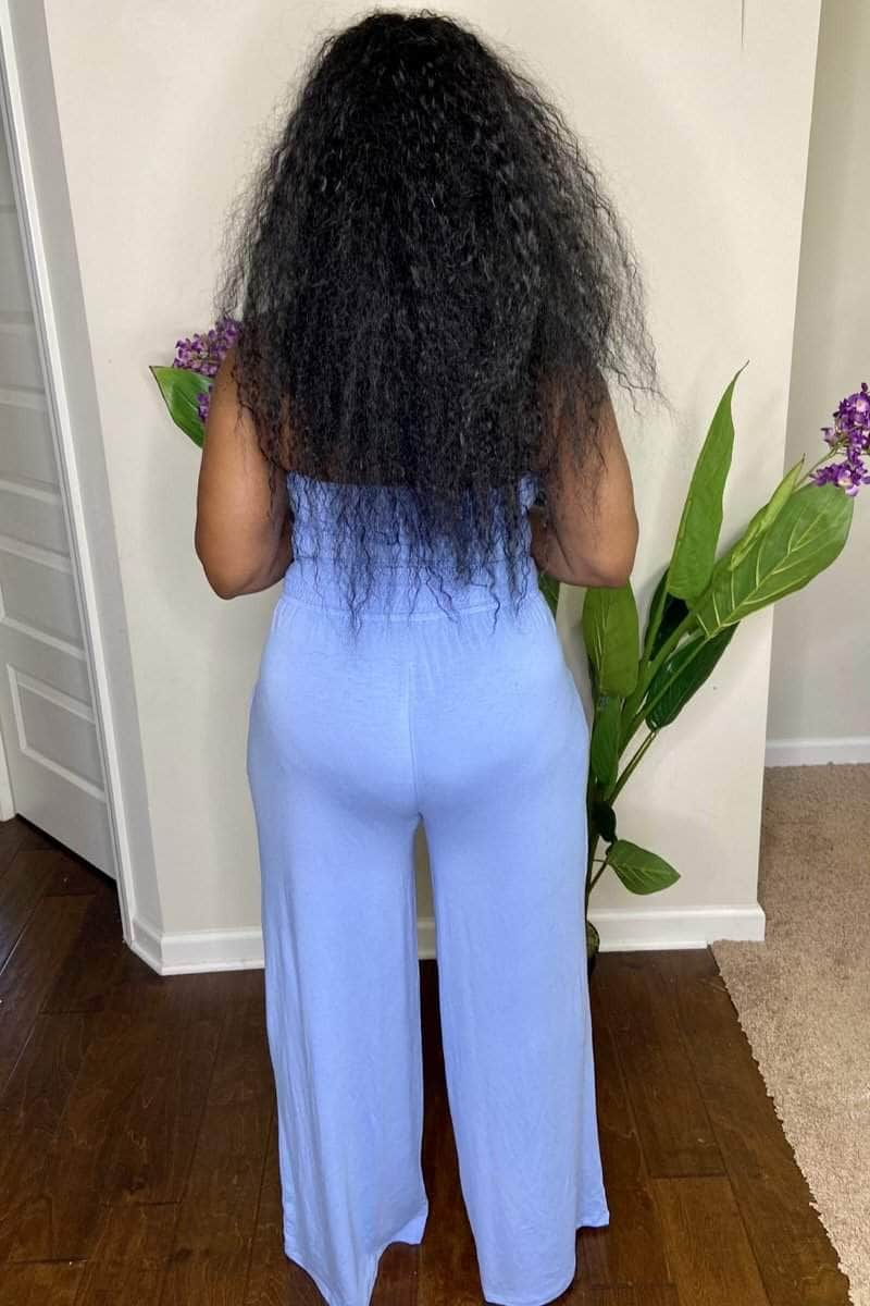 lee monet Vacay Me Please Smocked Tube Jumpsuit- Spring Blue