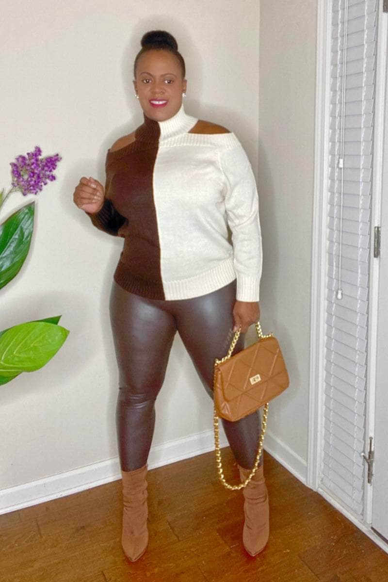 lee monet Why Choose Color-Block Cold Shoulder Sweater (Dk Brown)