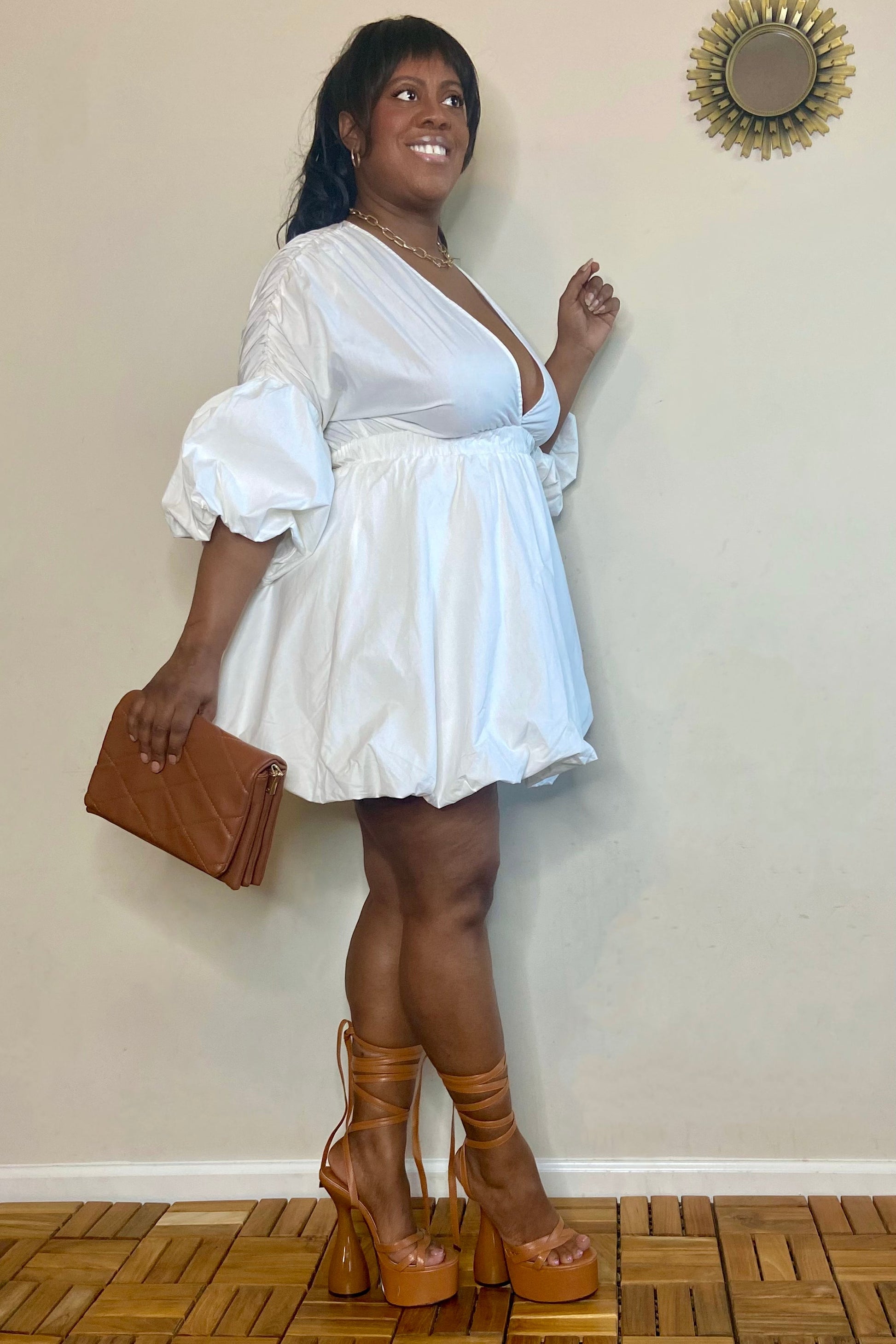 The Sang Penelope Deep V Bubble-Hem Mini Dress (Off White)