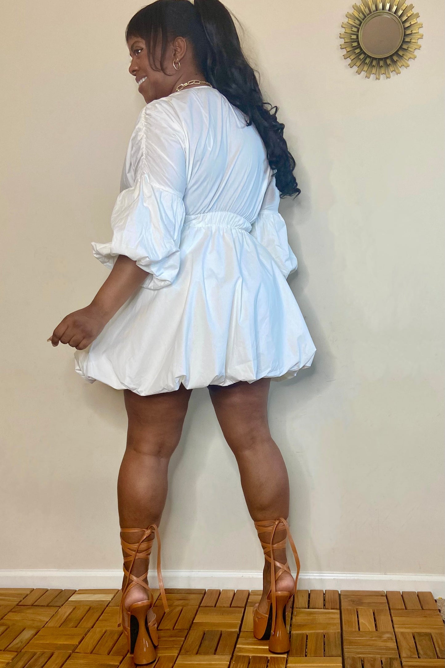 The Sang Penelope Deep V Bubble-Hem Mini Dress (Off White)