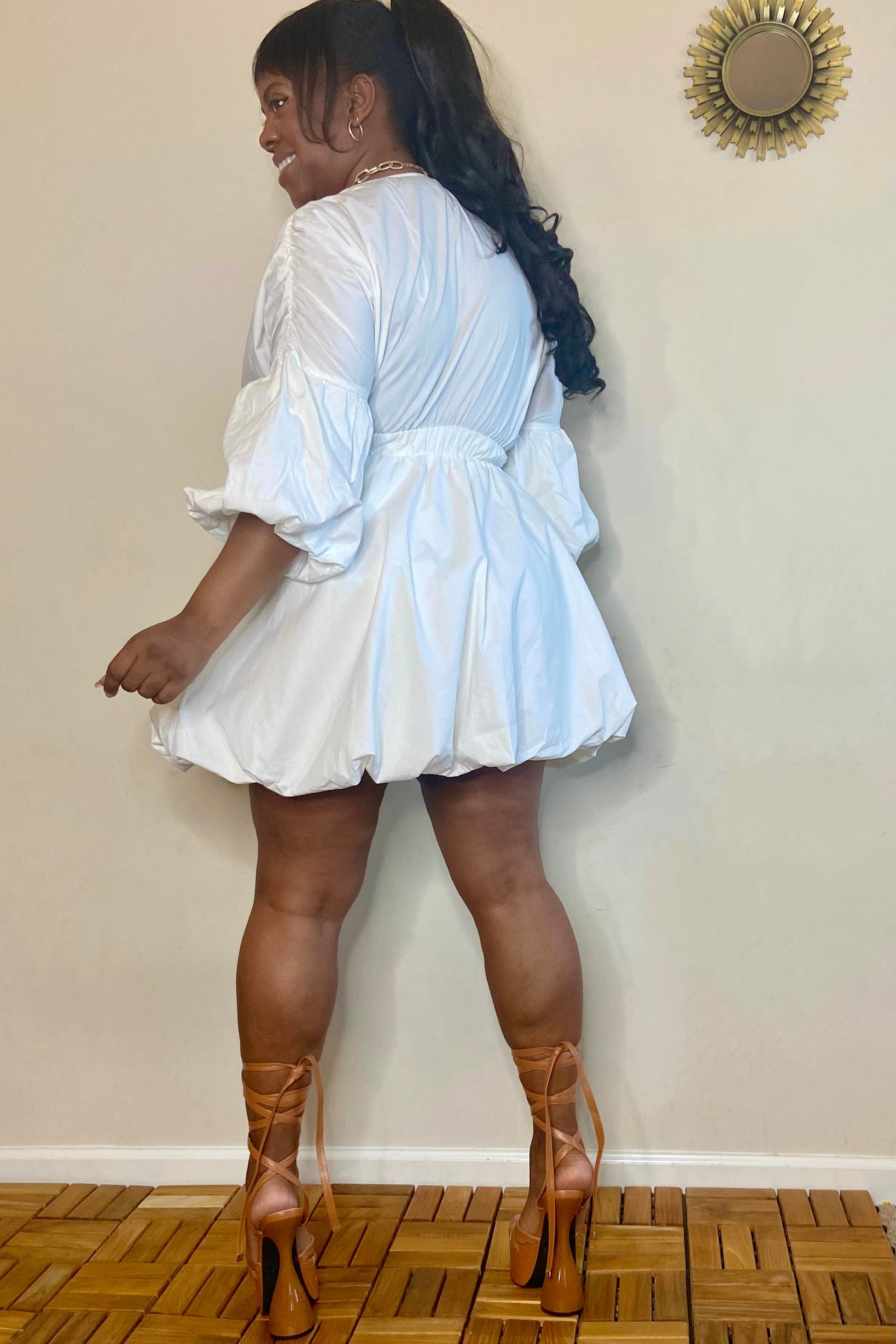 The Sang Penelope Deep V Bubble-Hem Mini Dress (Off White)