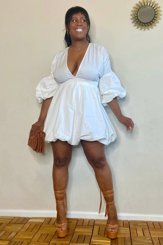 The Sang Penelope Deep V Bubble-Hem Mini Dress (Off White)