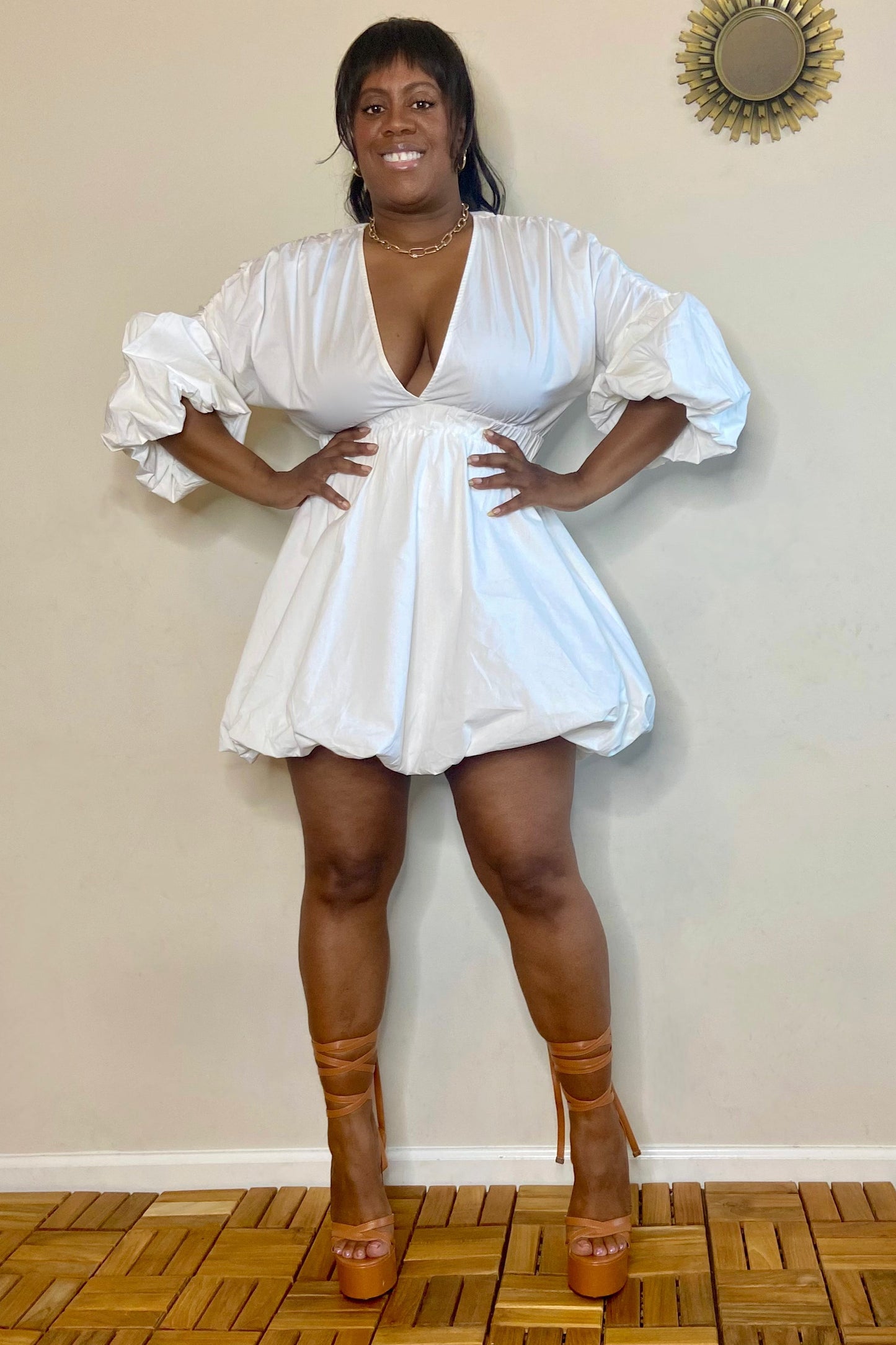 The Sang Penelope Deep V Bubble-Hem Mini Dress (Off White)