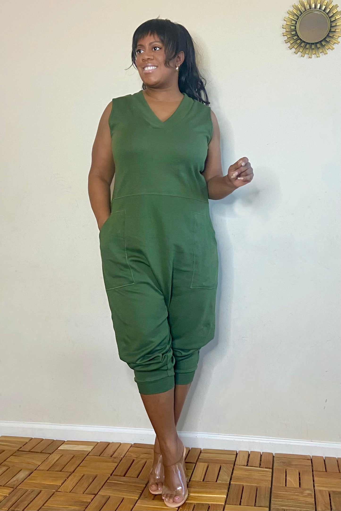 Zenana Jumpsuits & Rompers Just Chill Sleeveless Harem Jumpsuit (Army Green)