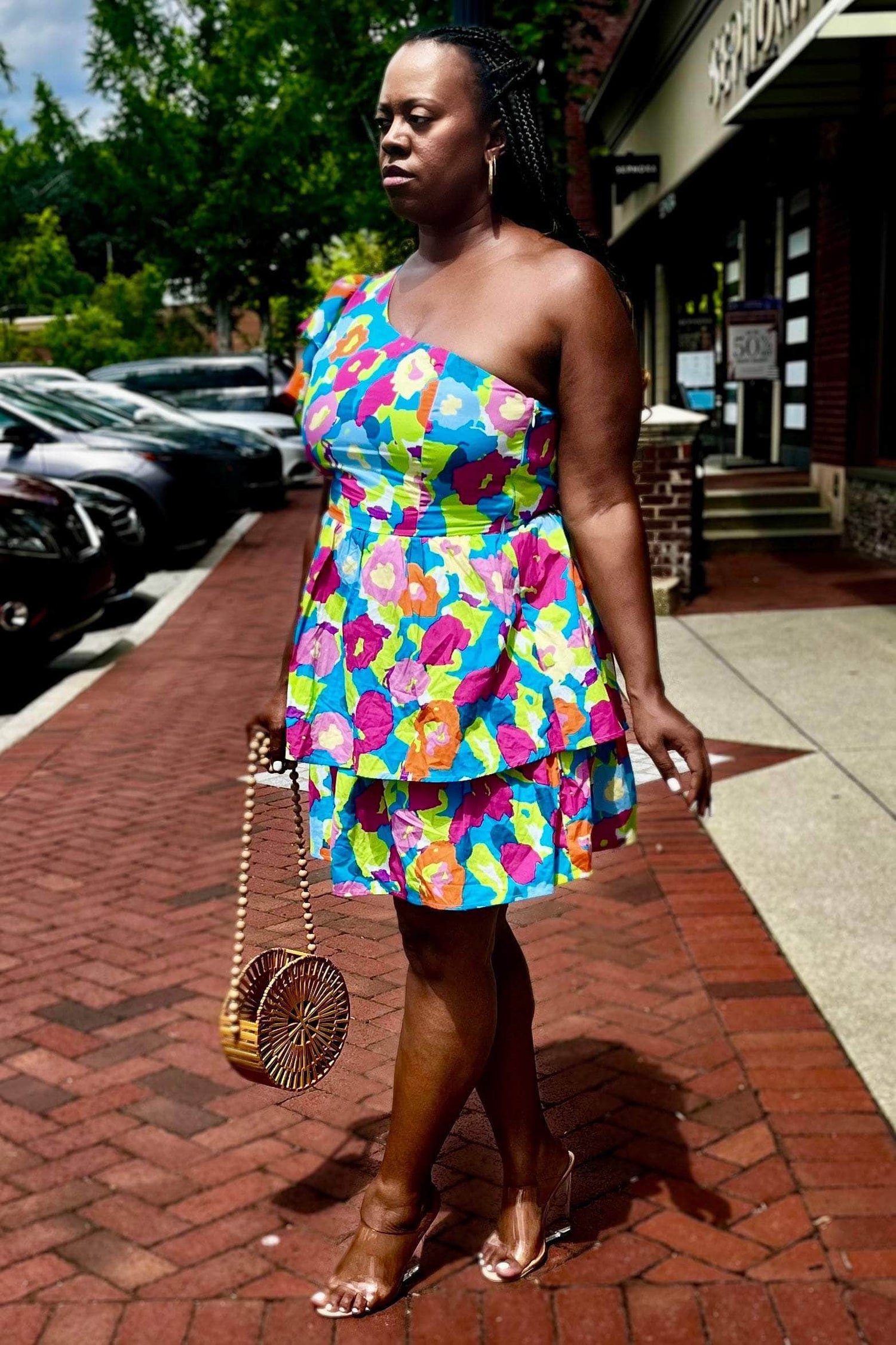 Flying Tomato Dresses In Full Bloom One Shoulder Tiered Dress (Blue Fuchsia)