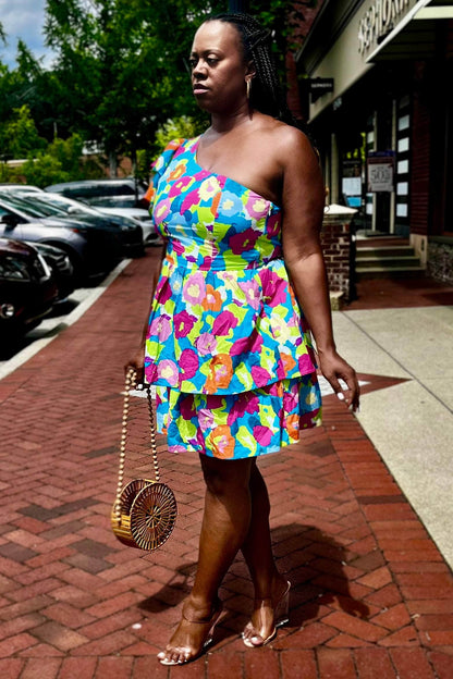 Flying Tomato Dresses In Full Bloom One Shoulder Tiered Dress (Blue Fuchsia)