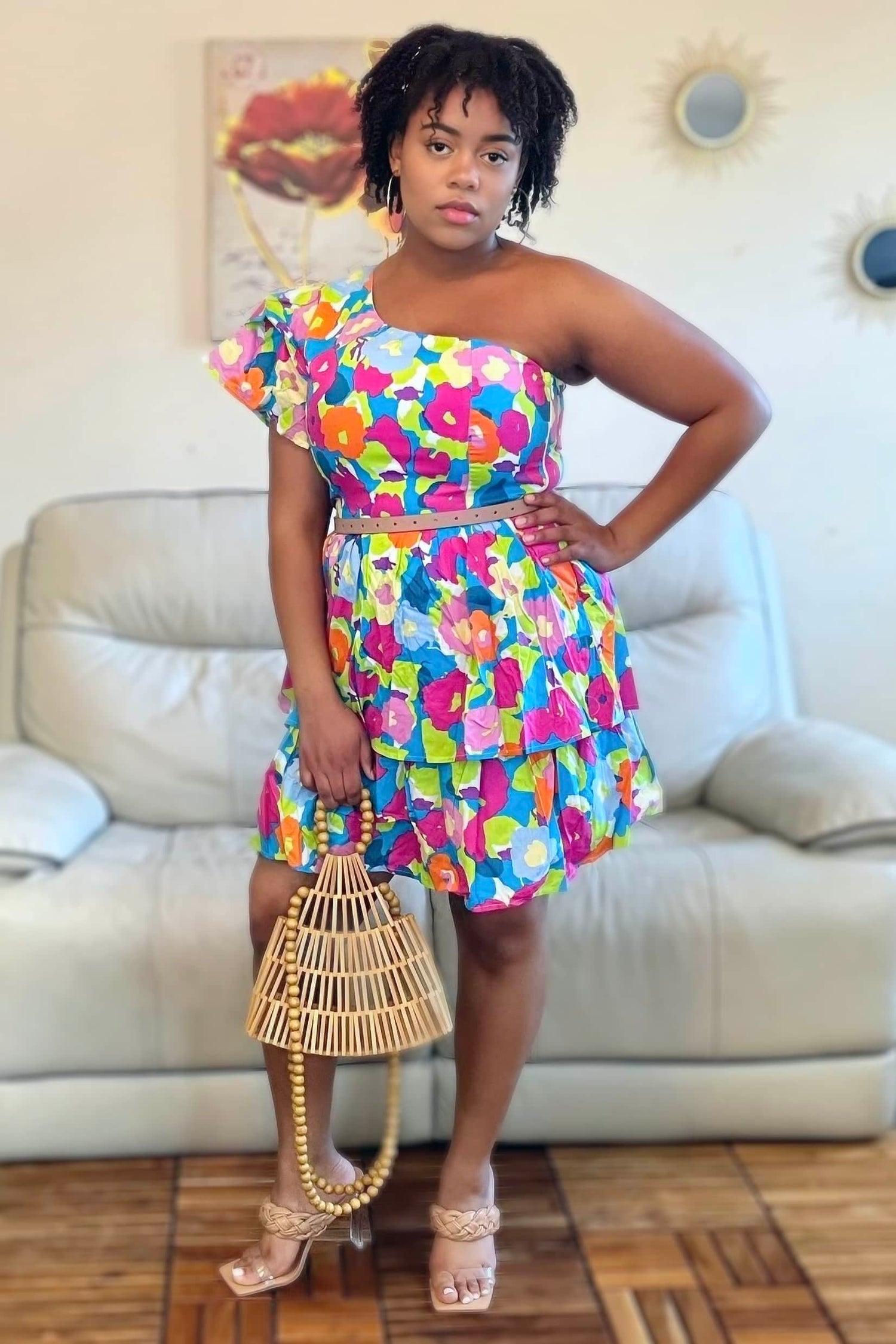 Flying Tomato Dresses In Full Bloom One Shoulder Tiered Dress (Blue Fuchsia)