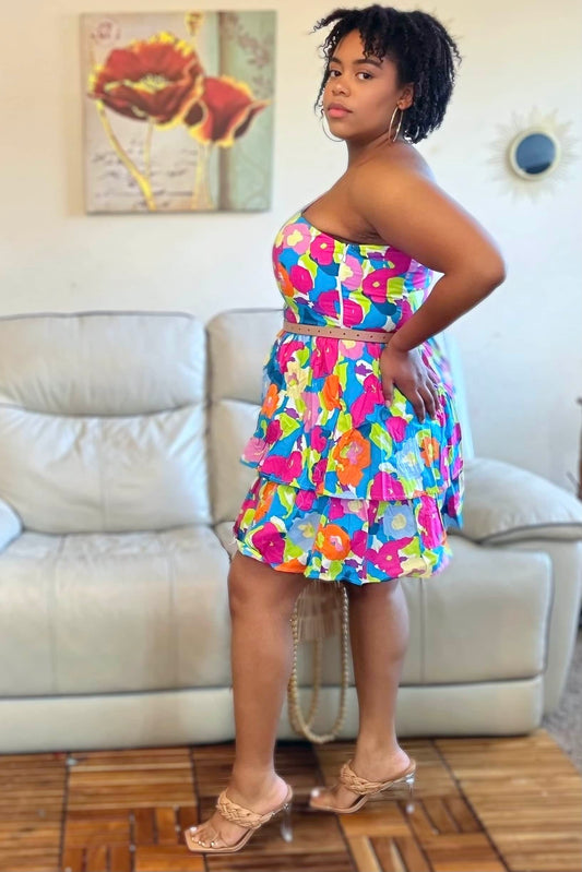Flying Tomato Dresses In Full Bloom One Shoulder Tiered Dress (Blue Fuchsia)