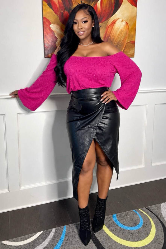 HYFVE Bottoms Can’t Decide High-Waist Faux Leather Wrap Midi Skirt (Black)