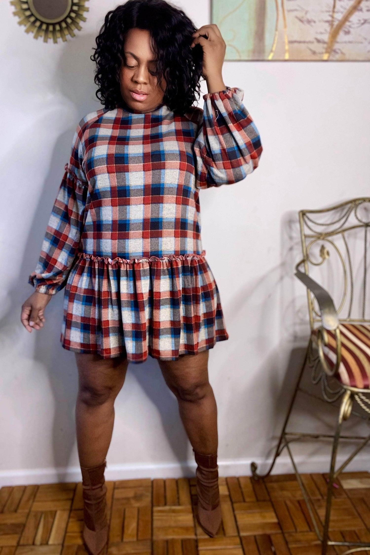 HYFVE Queen Me Checkered Print Babydoll Dress (Red)