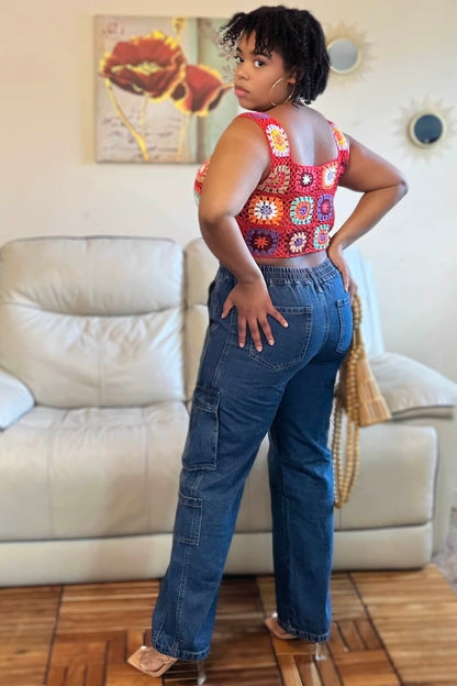 Timing Bottoms On My Way High Waist Denim Cargo Jeans (Medium Denim)