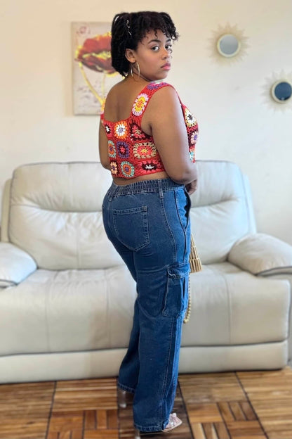 Timing Bottoms On My Way High Waist Denim Cargo Jeans (Medium Denim)