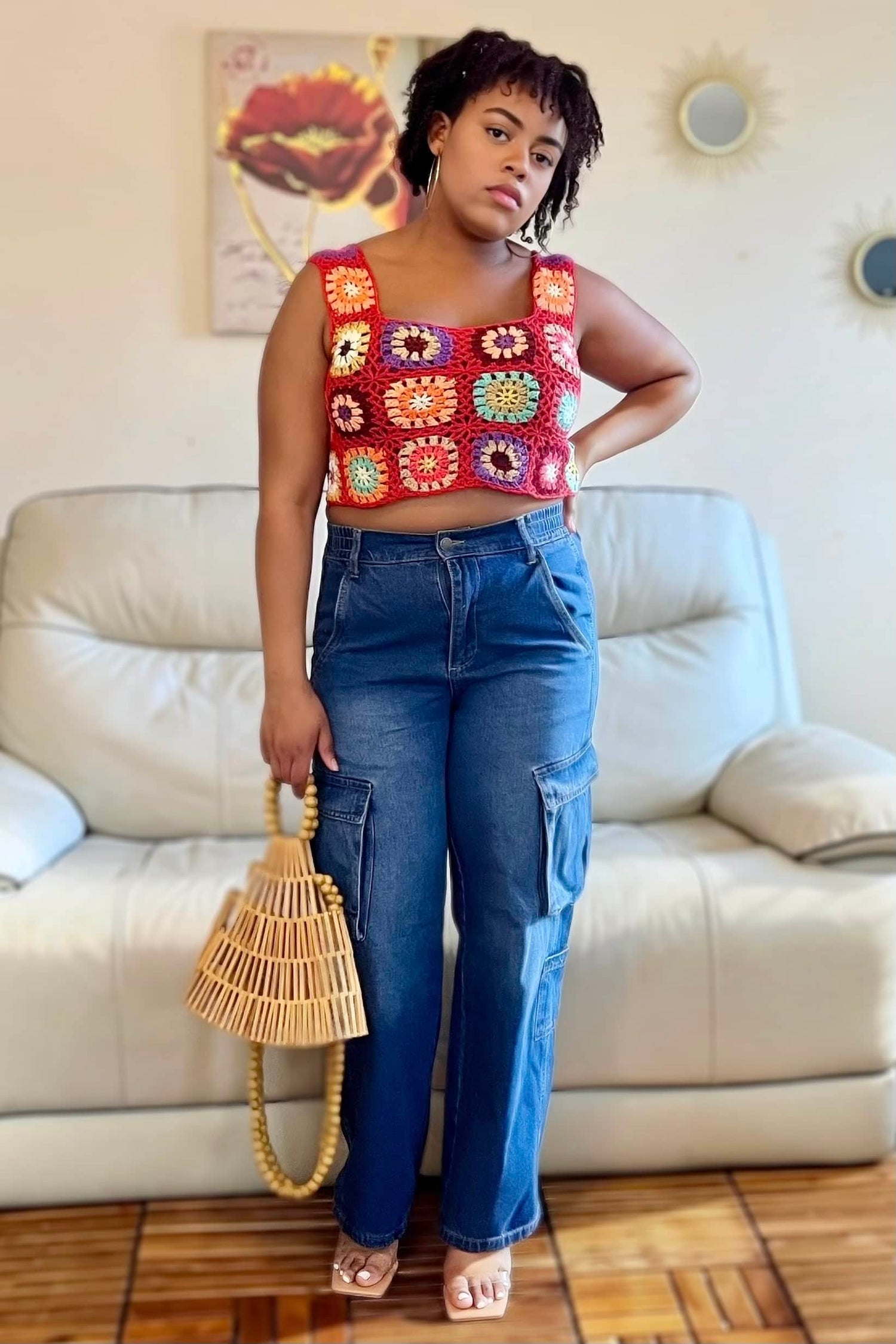 Timing Bottoms On My Way High Waist Denim Cargo Jeans (Medium Denim)