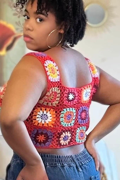 Timing Flower Power Square Neck Crochet Crop Top (Red Multi)