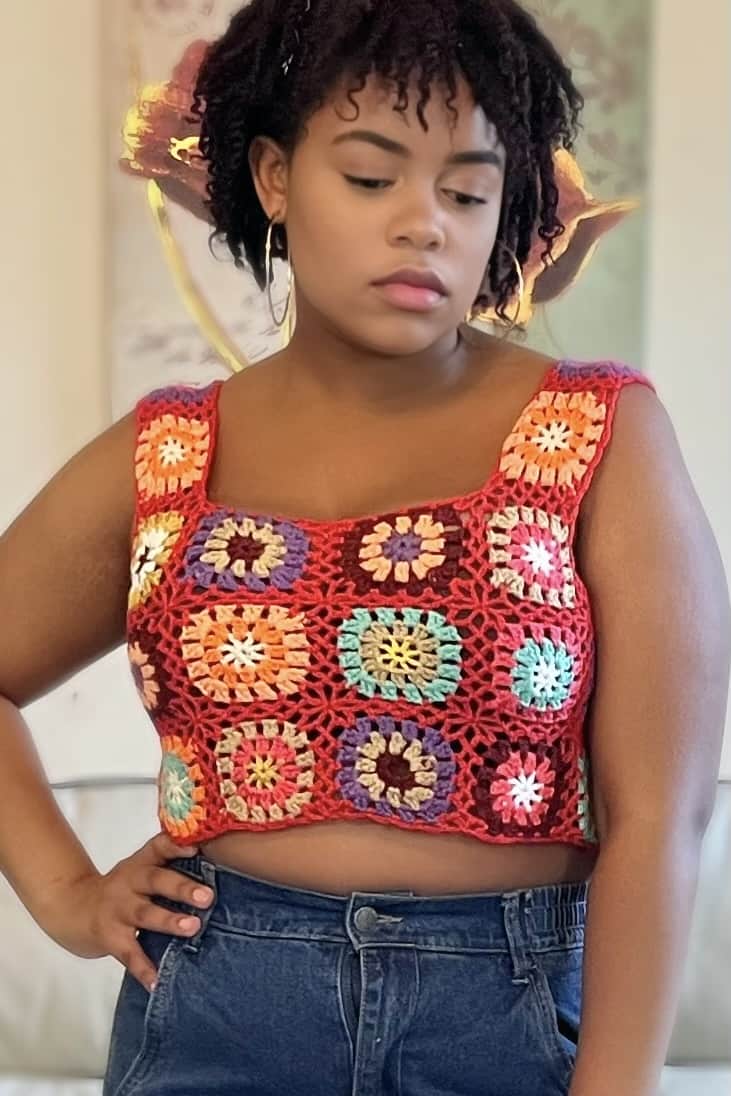 Timing Flower Power Square Neck Crochet Crop Top (Red Multi)