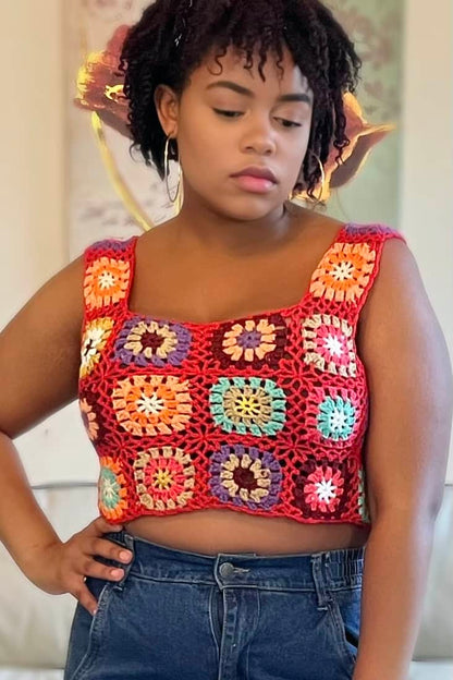 Timing Flower Power Square Neck Crochet Crop Top (Red Multi)